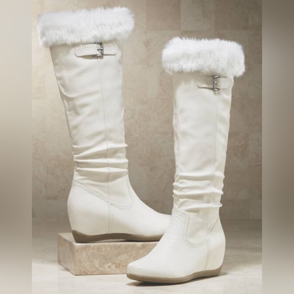 Midnight Velvet Shoes - Midnight Velvet Winter White Leather Fur Hidden Wedge Women's Boots Size 11